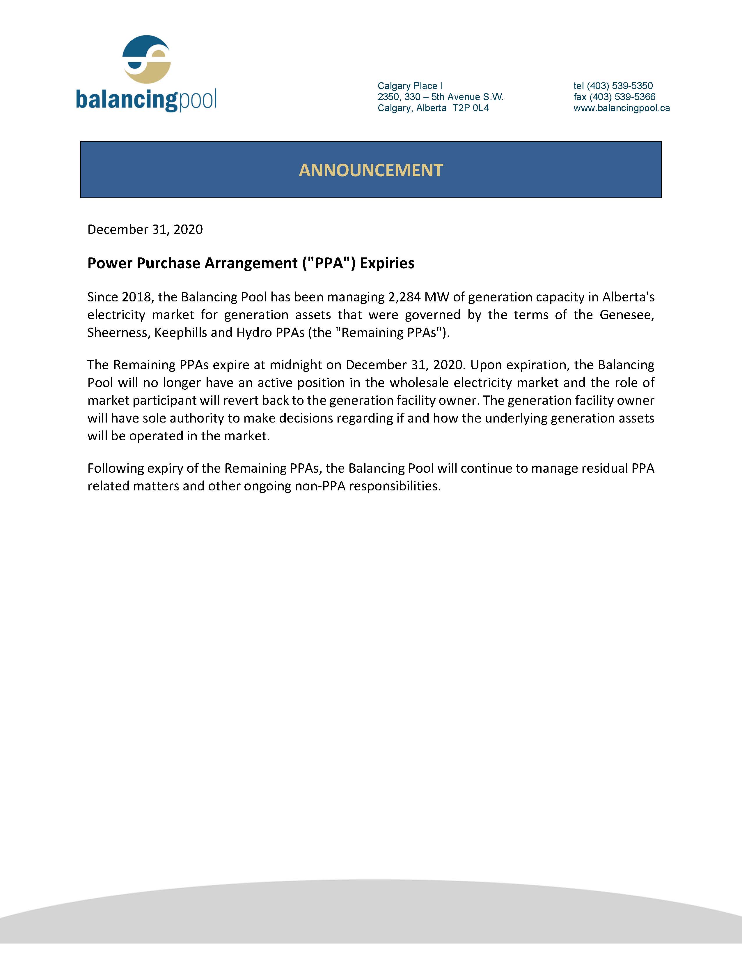 Power Purchase Arrangement Expiries